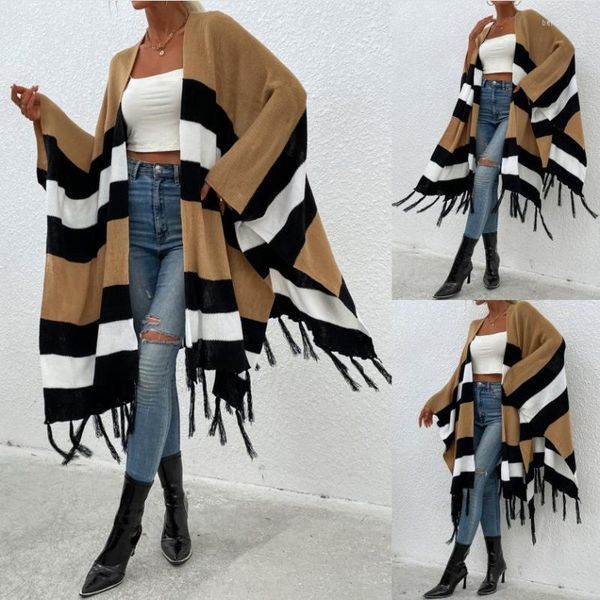 Camiscedores femininos 2023 Autumn e Winter Stripe Contrast Tassel Shawl Sweater Cape