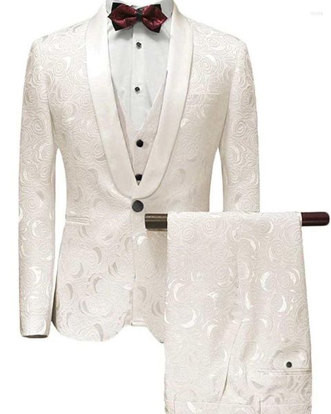 Herrenanzüge, 3-teilig, für Hochzeit, Bräutigam, Smoking, weißes Muster, Slim-Fit, Herrenanzug, Jacke, Weste, Hose, glänzender Stoff, Schalkragen, Blazer-Sets