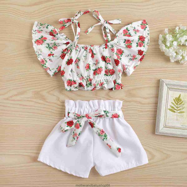 Top corto da bambina con spalle scoperte + pantaloncini bianchi Set da due pezzi per abbigliamento per bambini Estate infantile