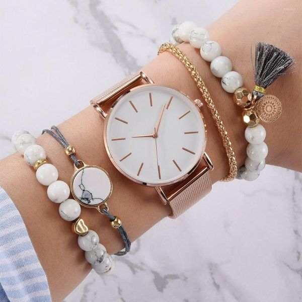 Orologi da polso Fashion Elegant Women Watch 5pcs Set Bracciale Movimento al quarzo Semplice impermeabile in oro rosa Mesh Ladies Relogio Feminino