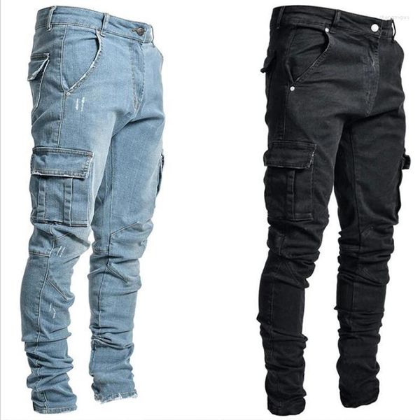 Jeans masculinos Fall Men calças lavar cor sólida Multi bolsos de jeans de jea