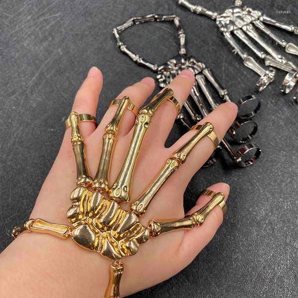 Braccialetti con ciondoli Bracciale punk per uomo Catena a mano gotica Teschio Scheletro Anelli a cinque dita Coppie regolabili Gioielli per Halloween da donna