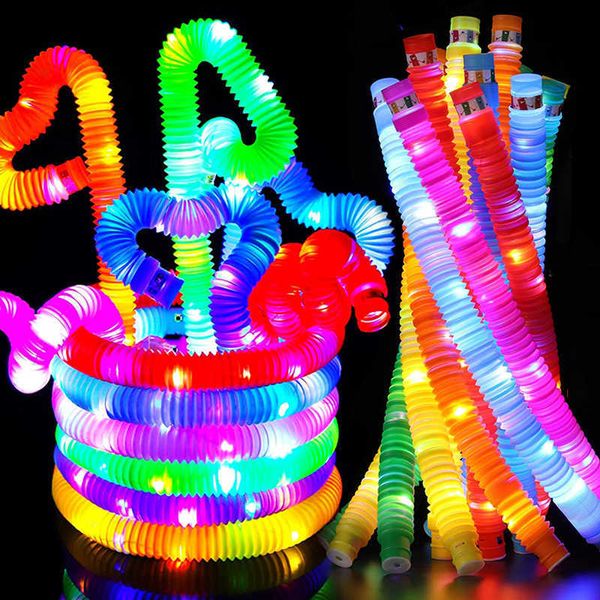 DIY Luminous Pop Tubes Led Fluorescente Cor Retrátil Tubo de Plástico Crianças Brinquedos Sensoriais Adultos Criança Alívio do Estresse Squeeze Toy