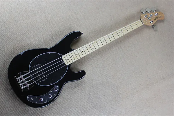 4 Saiten Schwarze Elektrombassgitarre Ernie Ball Musicman Music Man Man Sting Ray Maple Fingerboard Weißer Spindelstock