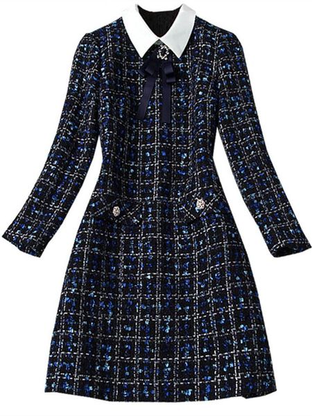 Kleid Modedesigner Marineblau Plaid Fliege Tweed Kleid Herbst Winter Frauen Langarm Diamanten Knopf Vintage Woll Kurzes Kleid