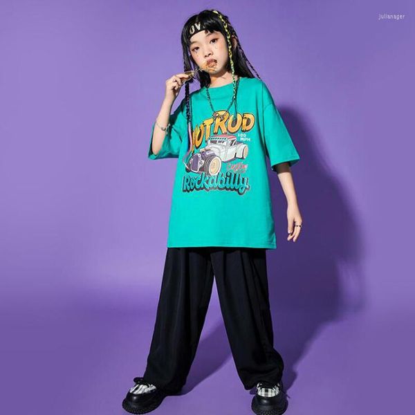 Abiti da palcoscenico Abiti da spettacolo per bambini Abbigliamento hip-hop Maglietta verde Top Streetwear Pantaloni larghi per ragazza Ragazzo Costumi di danza jazz Abiti rave