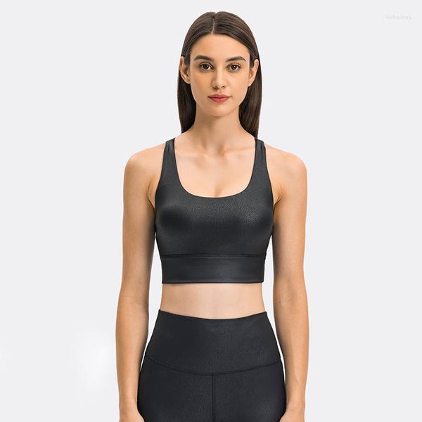 Yoga-Outfit Damen-Sport-BHs mit Trägern aus Kunstleder, sexy, überkreuzter Rücken, mittelstarker Impact-BH, matt beschichtet, breiter Saum, Fitness-Tops