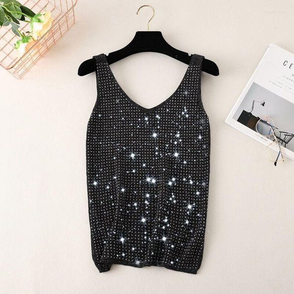 Damen Tanks Mit Boden Kleine Weste 2023 Eis Diamant Bling Stricken Sexy Ärmelloses Top Sommer Frauen Crop Tops Leichte Strech Weste G83