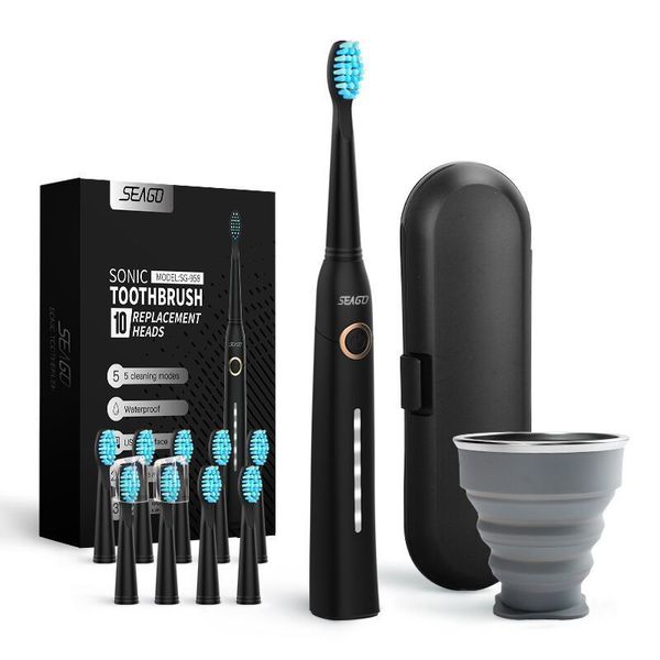 Zahnbürste Seago Sonic Elektrische Zahnbürste USB wiederaufladbar für Erwachsene, wasserdicht, Ultraschall, automatisch, 5 Modi, mit Reiseetui 230517