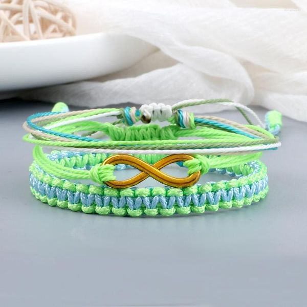 Strand 3Pcs / Set Braccialetto intrecciato Verde Linea di cera fatta a mano Metallo di alta qualità Parola 8 Braccialetti con ciondolo Gioielli Regalo per amico