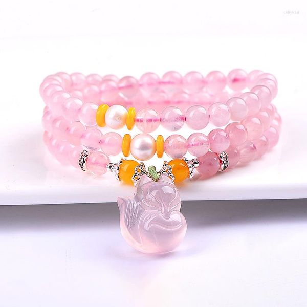 Braccialetti di cristallo naturale rosa filo per regali per ragazza da donna Perline rotonde da 6 mm con gioielli alla moda con ciondolo a nove code