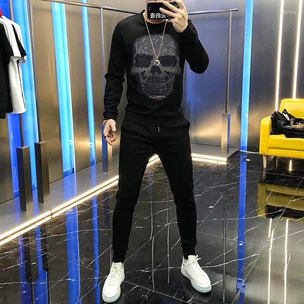 Tute da uomo Abbigliamento sportivo nero Diamond Skull Tuta da uomo Setst Felpa in pile di cotone e pantaloni della tuta 2 pezzi / Felpa con cappuccio allentata