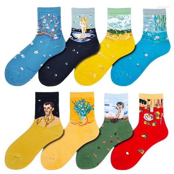 Frauen Socken Bunte Harajuku Retro Dame Baumwolle Kunst Malerei Monalisa Koreanische Neuheit Designer Skateboard Cool Nettes Geschenk Weiß