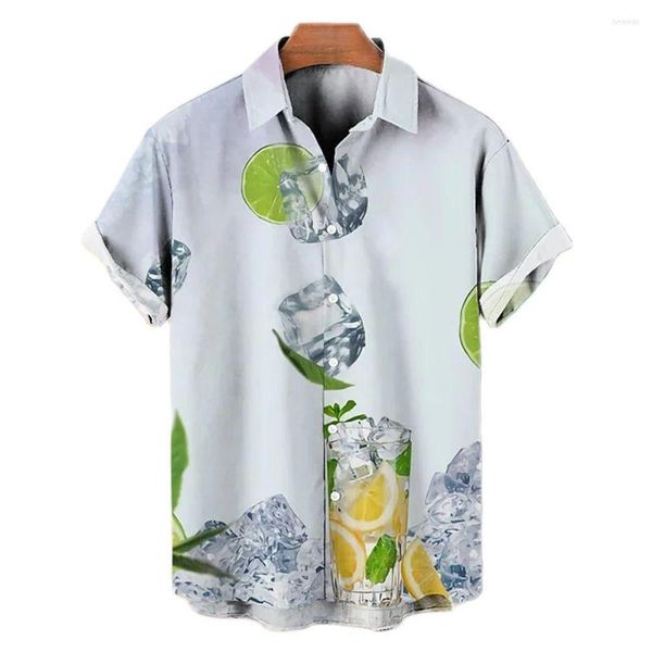 Camisas casuais masculinas 2023 camisa havaiana masculina copos de vinho 3d imprimindo blusa de festa de manga curta