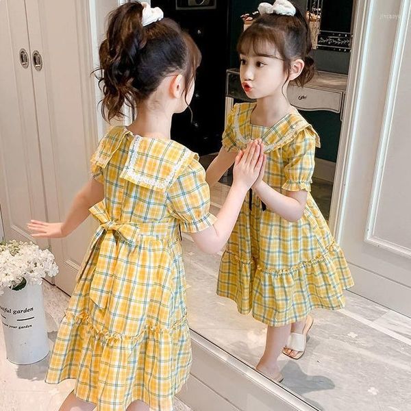 Mädchen Kleider Sommer Mädchen Plaid Casual Kleid Kinder Kurze Ärmel Baumwolle Mischung Kleidung Für 4-12 Jahre Kinder Französisch stil