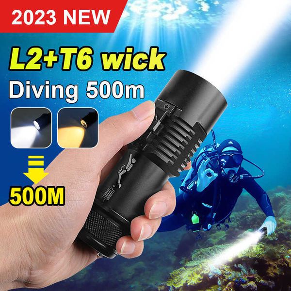 As lanternas tochas 2023 Ultima upgrade Bright Professional Diving Lanterna branca Luz de mergulho amarelo Underwater Underwater 500 metros à prova d'água P230517