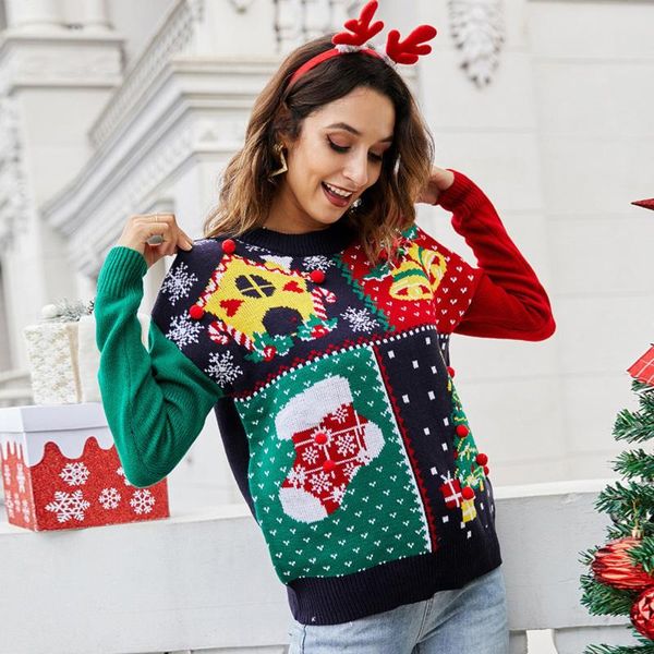 Camisolas femininas Kawaii Christmas Little Snowflake Tree Sweater com sinos no jumper de peito Pullovers chiques 4