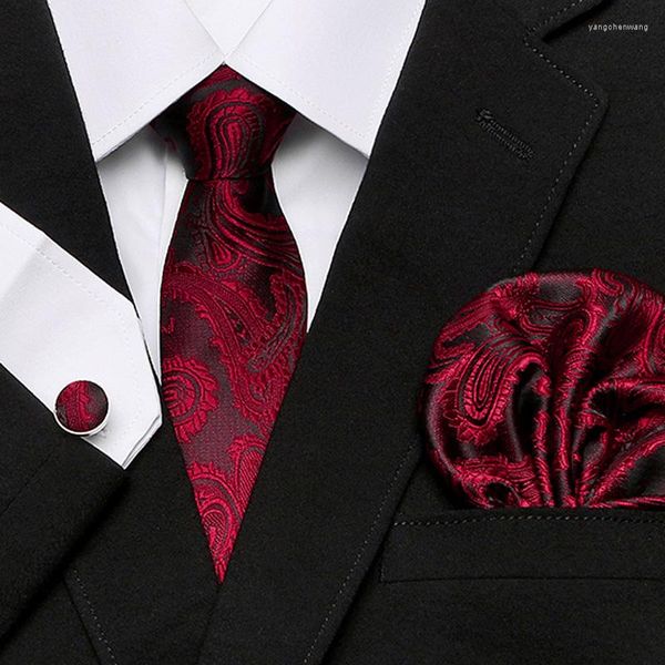 Papillon 2023 Lussuose cravatte da uomo rosso vino Set paisley quadretti a scacchi gemelli per asciugamani Bussiness Wedding Party Tie Suit Bandanna