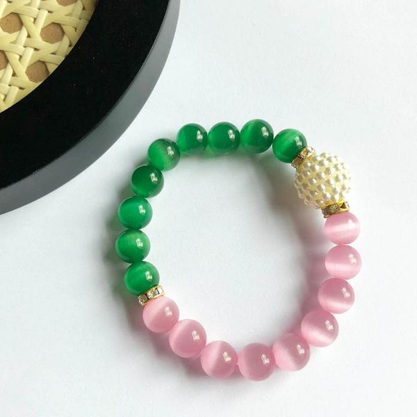 Strang Perlenstränge handgemachte griechische Sorority elastische Linie rosa grün Katzenauge Charm Anhänger Armband Frauen Schmuck