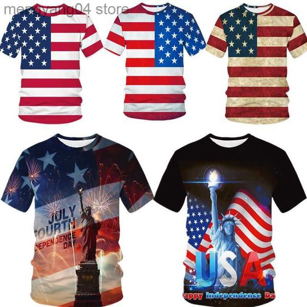 Camisetas masculinas Independence Day Flag USA Estátua da Liberty Series 3D Print T-shirt Manga curta T230517