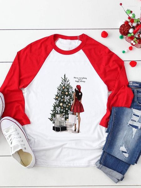 Kadın Tişörtleri Uzun Kollu Tee Suluboya Hediye Ağacı Mutlu Yıl Baskı Top Festival Mutlu Noel Giysileri Kadın Kadın Grafik T-Shirt