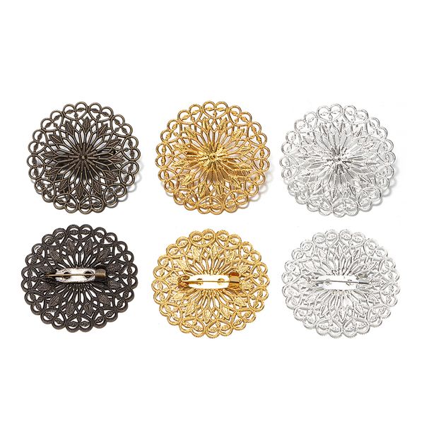 5pcs/lote Base de clipe de pino de broche 38mm redondo oco de latão filigree flores disco broche fivela para jóias que produzem acessórios de bricolage