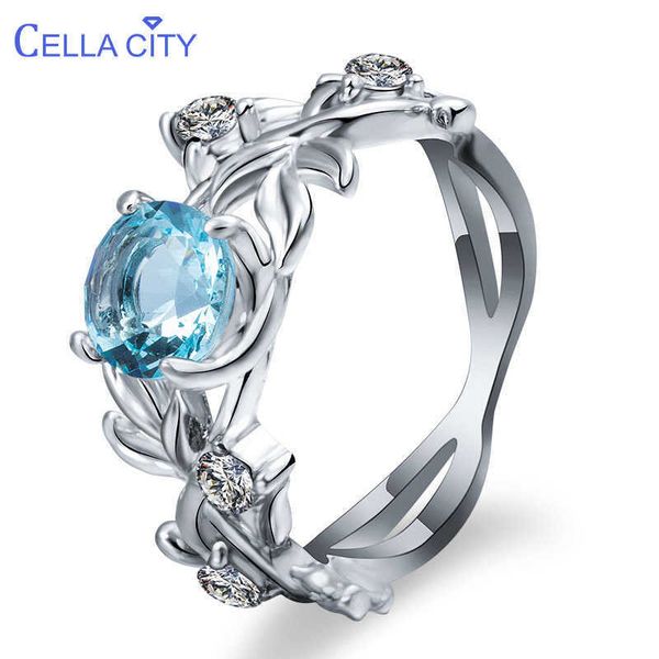 Полосы колец Cellity Silver 925 Ювелирные украшения кольцо для женщин аквамаринового циркона выдолбленные цветы размер 6 7 8 9 10 Cesciety Cessory J230517