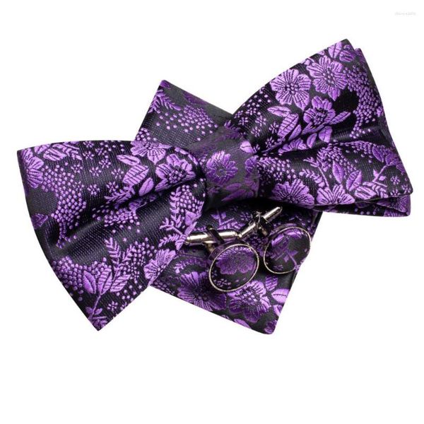 Yay bağları hi-tie mor ipek erkek kravat hanky cufflinks set önceden bağlı kelebek düğüm jacquard floral bowtie erkek düğün iş