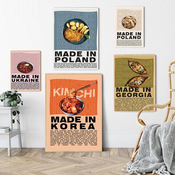 Dekorative Objekte Pierogi Kimchi Khachapuri Poster Retro-Stil Koreanisches Essen Vintage Wandkunst Bilder Küche Moderne Küche Dekor Drucke Gemälde 230516