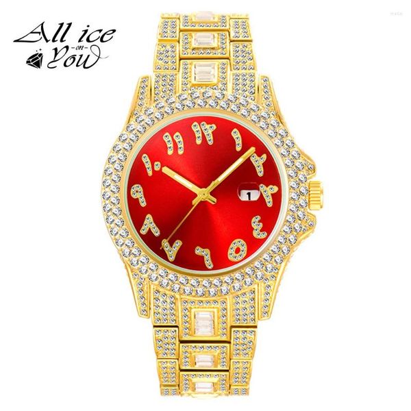 Нарученные часы Alliceonyou Top Brand Fashion Iced Out Micro Pave Cubic Circonia Watches Hip Hop Dewelry Neanless Steel for for Gift
