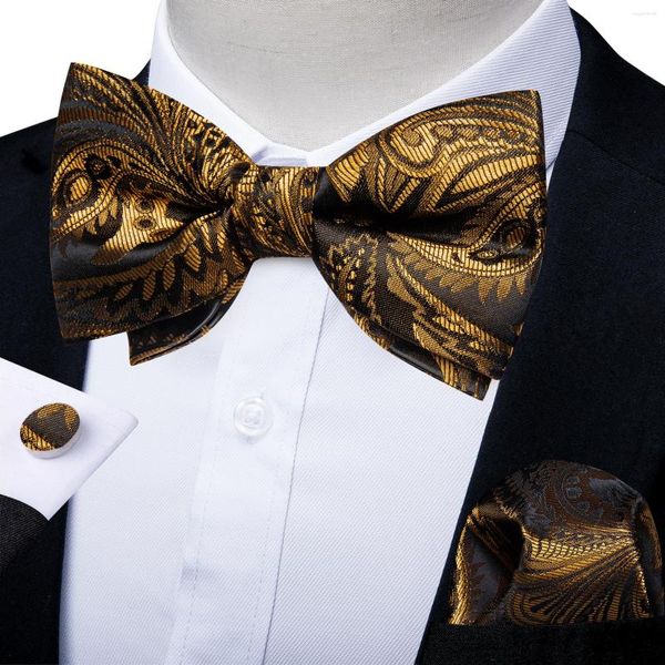 Papillon Fashion Gold Black Men # 039; s Bowtie Pocket Square Gemelli Set per la festa nuziale Business Pre-legato Cravatta Uomo Camicia Accessorio