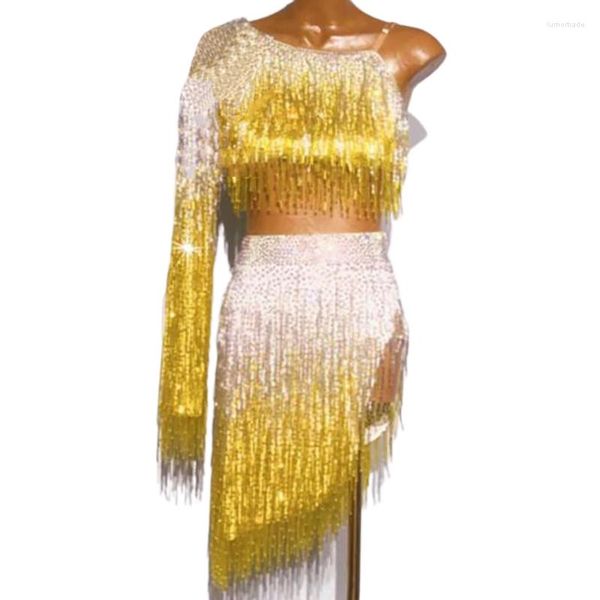 Sahne Giyim Latin Dans Üst düzey Özelleştirilmiş Kristal Tüp Akan Altın Püsküller Cha Tango Kadın Yetişkin Profesyonel Giyim