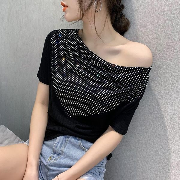 Frauen T Shirts Sommer Koreanische Lose Off Schulter Kurzarm frauen Top Luxus Elegante Femmes Diamant T-shirt Fashion Tees