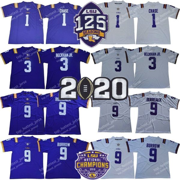 LSU Tigers College Football Jersey 3 Odell Beckham JR Burreaux Joe Burrow JaMarr Chase Purple 125th Maglie Camicie cucite da uomo