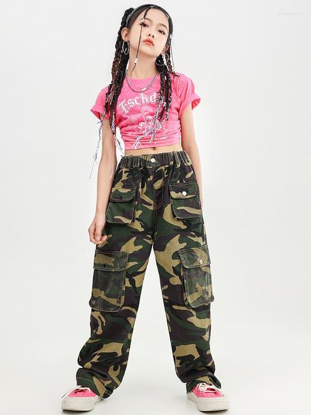 Stage Wear Modern Jazz Dance Costume per ragazze Pink Crop Top Hip Hop Kids Cargo Pants Fashion Kpop Concert Performance Suit BL10538