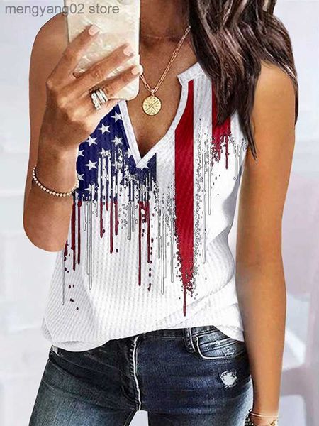 Damen-Tanks, Camis, Damen-Tanktop mit amerikanischer Flagge, Waffelmuster, V-Ausschnitt, bunt bedruckt, ärmellos, patriotische Hemden, Sommer, Freizeitweste, Sommer, 4. Juli, T230517