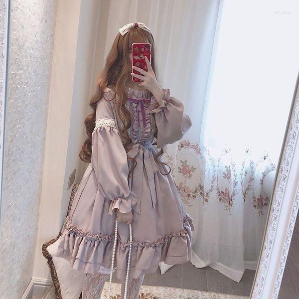 Vestidos casuais Coalfell Lolita Sistema japonês Pu Lavender Primavera e Vestido de menina macia no verão
