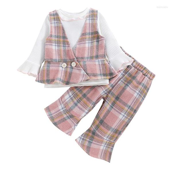 Roupas Conjuntos de moda Moda meninas de bebê Set terno elegante Ruffle Tops Tops Plaid Print Colle