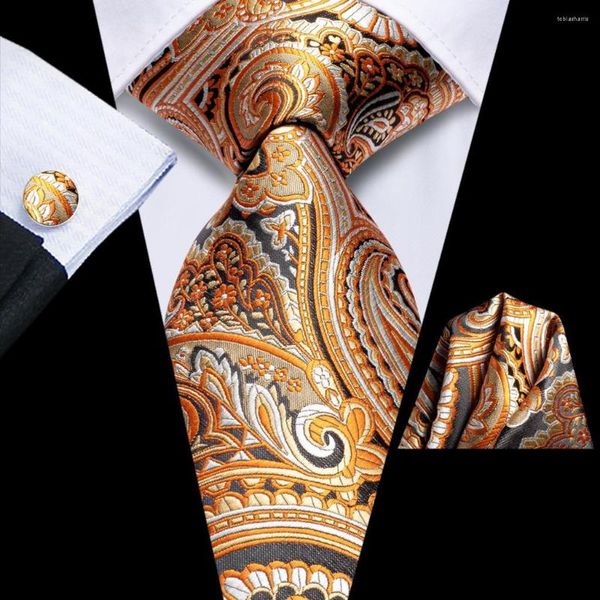 Papillon Cravatta per uomo Arancione Grigio Paisley 2023 Fashion Brand Wedding Party Cravatta Set Handky Gemelli Regalo Designer Hi-Tie all'ingrosso