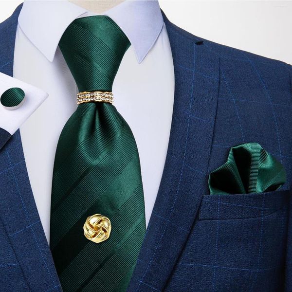 Yay Ties Yeşil Çizgili 8cm Lüks Erkekler İpek Kravat Bickisi Kufflinks Tack Gold Ring Hediye Erkekler için Cravate Dibangu