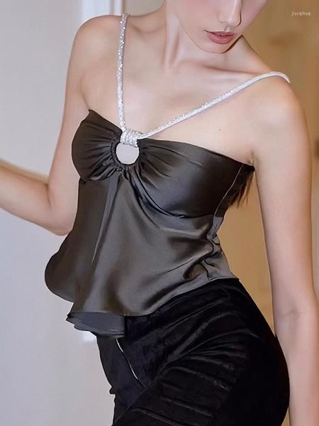 Canotte da donna RLMABABY Sweet Hollow Out Diamond Strap Satin Crop Top Summer Women Sexy senza maniche Backless Elegante canotta sottile