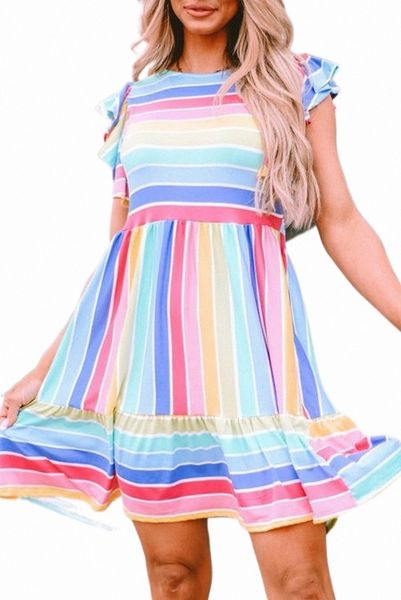 Vestido de babydoll de babados de babados listrado multicolorido k1pt#