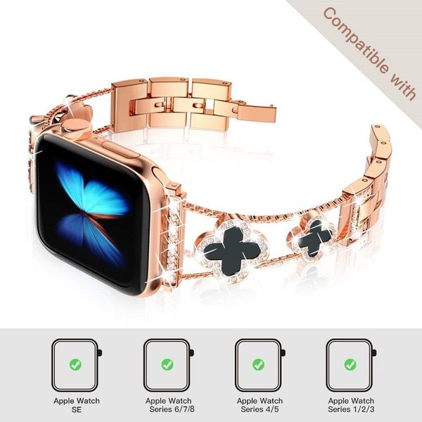 Apple Watch Luxury Diamond Straps 49 45 38 40 42 44 41mm Kadın Metal Bling Rhinestone Dört yapraklı Yonca Tasarımcı İzleme Bandı Iwatch Ultra 8 7 6 5 4 3 SE