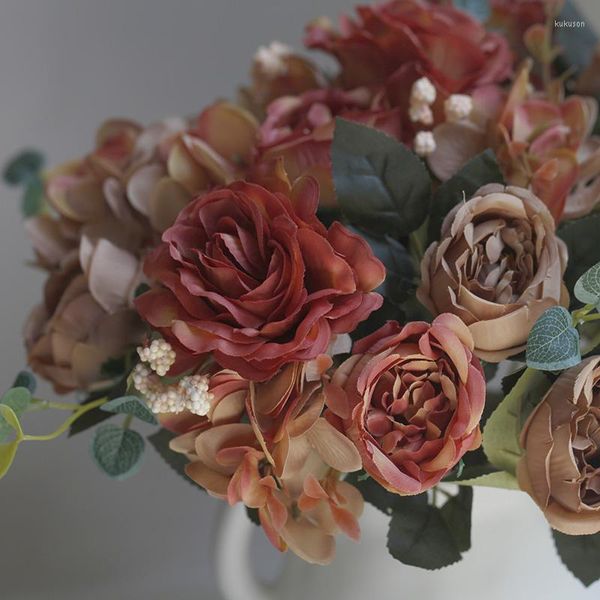 Flores decorativas Rose Hydrangea Bouquet Artificial Home Garden Deco Birthday Wedding Diy Wreath Wreath Craft Acessor