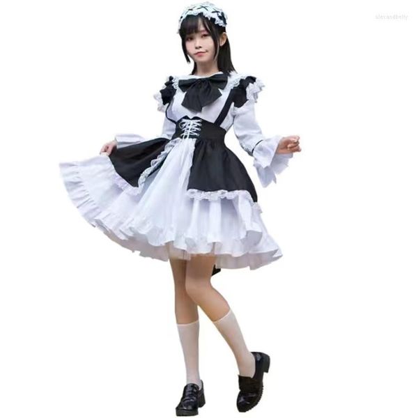 Casual Kleider Frauen Maid Outfit Lolita Cosplay Süße Nette Kawaii Kostüm Schwarz Weiß Rüschen Spitze Patchwork Uniform Kleid Bogen Knoten