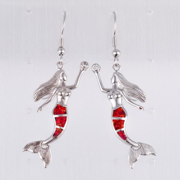 Brincos de Mermaid Kongmoon Red Fire Opal Silver Batined Jóias para Mulheres Drop