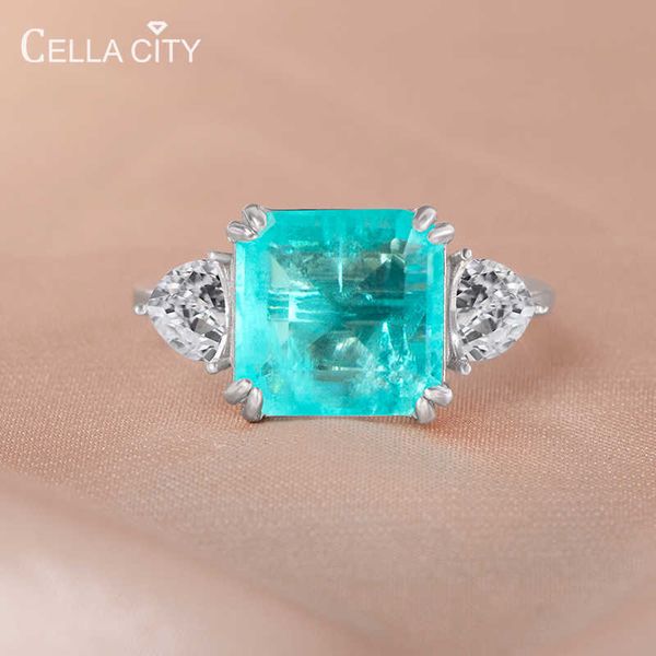 Anelli a fascia Cellity Anello in argento sterling 925 Paraiba Tourmaline Gemstone per le donne High Carbon Diamond Wedding Party Fine Jewelry J230517