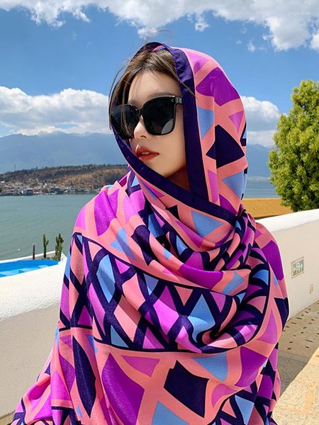 Eşarplar Yaz Zarif Kadın İpek Eşarp Plaj Sarısı Şal Vintage Ekose Baskı Bayan Güneş Koruyucu Bandana Uzun Hijab Mujer Boho Scarve Pareo