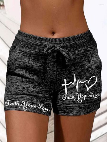 Damen-Shorts, trendige Damen-Casual-Lounge-Faith Hope Love Heartbeat-Druck mit Taschen, Kordelzug, Sommer-Workout-Sporthose