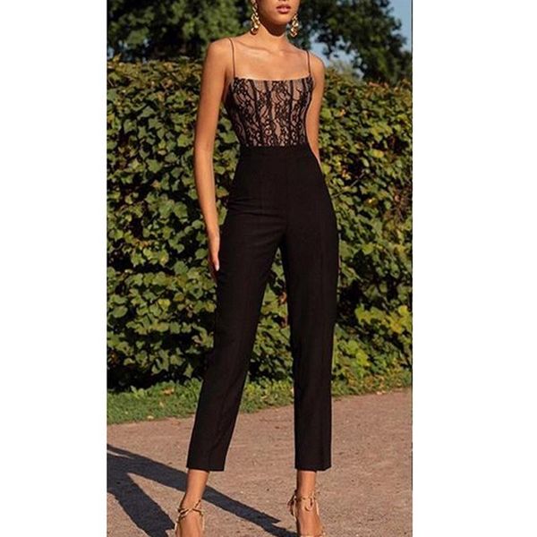 Tute da donna Pagliaccetti Donna Casual Pizzo senza maniche Camis Pantaloni a gamba larga Tuta da donna Sexy Solid Evening Party Long Playsuit 2023